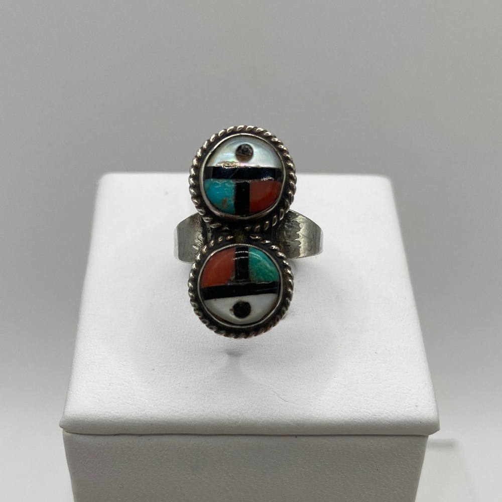 Vintage Sterling Silver Native American Zuni Double Fave Inlay Ring Size 4